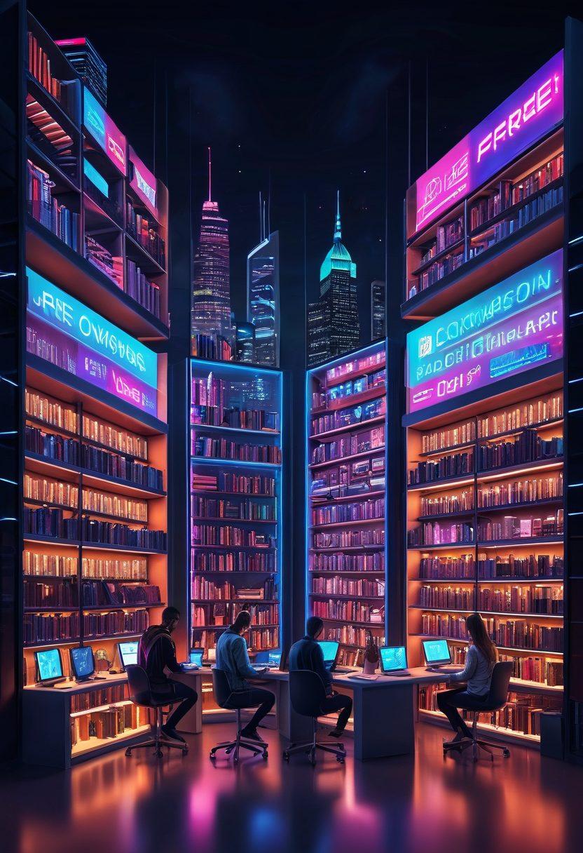 A visually engaging scene showing a digital library filled with various software icons and application logos neatly arranged on futuristic bookshelves, with neon signs indicating 'Free Downloads'. People of diverse ages happily browsing and downloading from their devices. The backdrop should feature a dynamic cityscape to signify connectivity and modernism. vibrant colors. super-realistic.