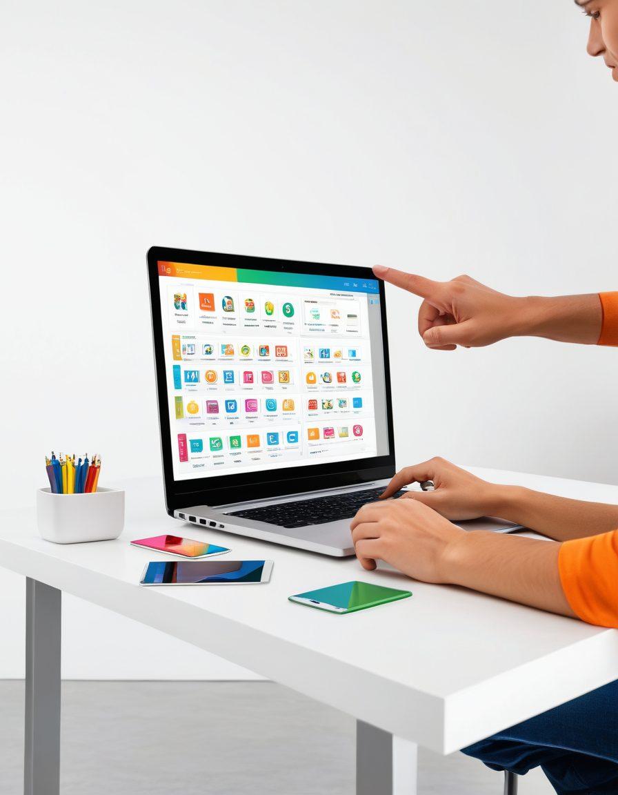 A sleek laptop on a modern desk, screen displaying a website offering free downloadable application files, featuring brightly colored icons and easy-to-navigate interface. A person pointing at the screen to highlight its user-friendliness. Vector art. vibrant colors. clean white background.