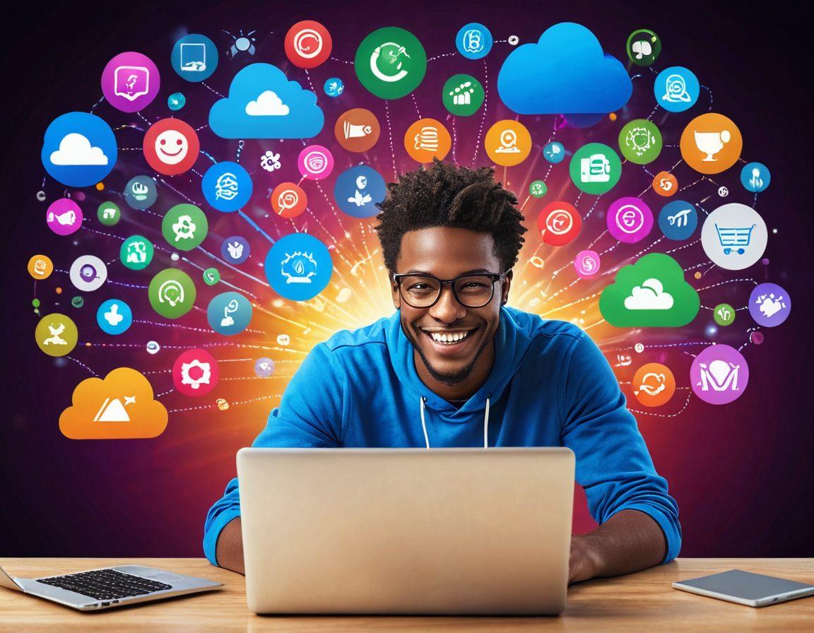 A person sitting at a laptop with a triumphant smile, downloading multiple diverse programs for free. Background featuring icons of popular software and a digital cloud symbolizing easy access. Light rays or digital effects highlighting a sense of convenience and achievement. super-realistic. vibrant colors. modern tech ambiance.